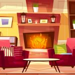 Living room interior vector illustration of cozy modern or retro apartments and furniture. Cartoon background of armchairs at fireplace, table and bookshelf with lamp on drawer
